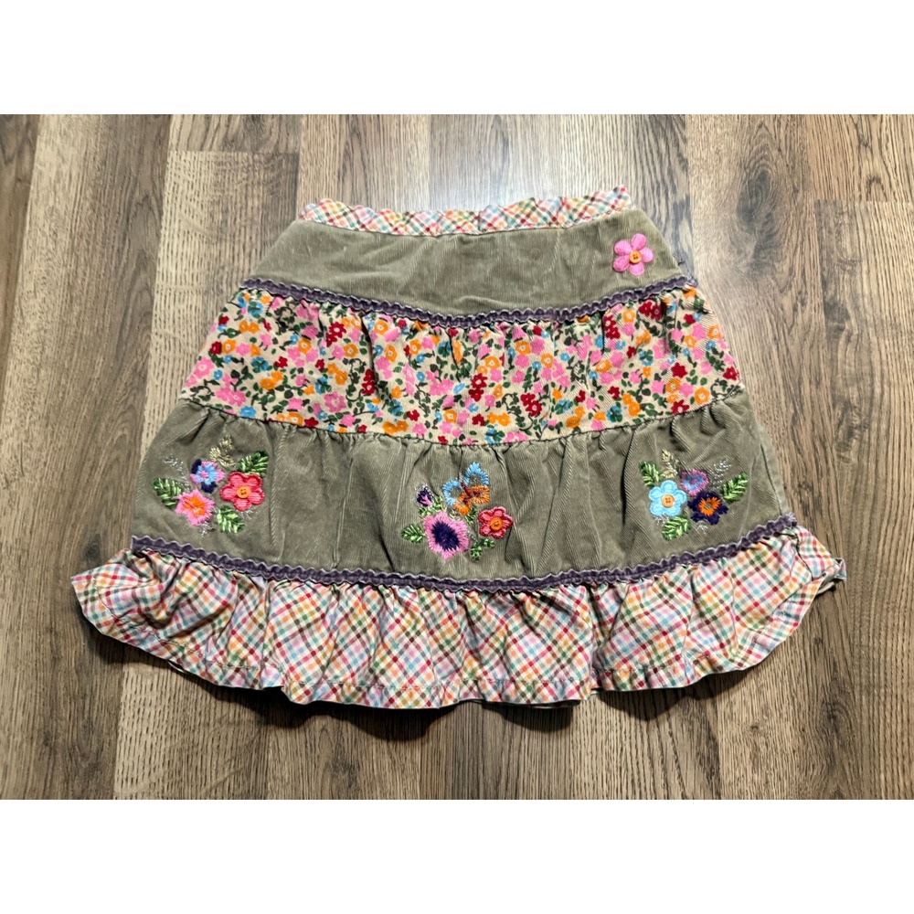 Flapdoodle Skirt Girls Size 8 Green Corduroy Floral Embroidered Tiered Ruffle